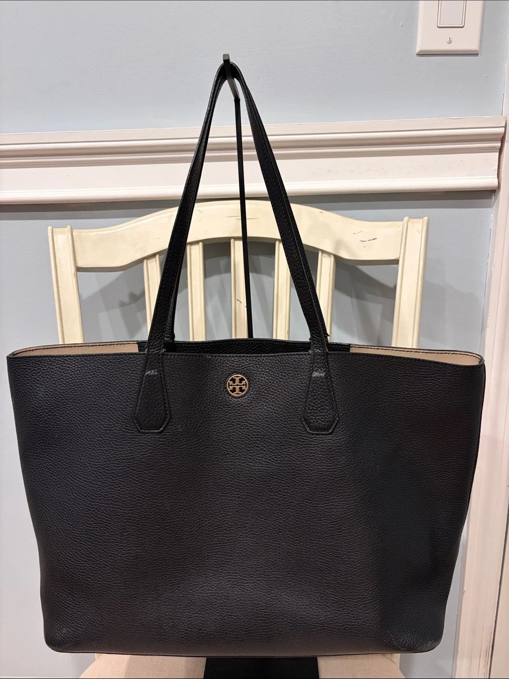 Tory Burch Black Leather Tote with Gold Logo